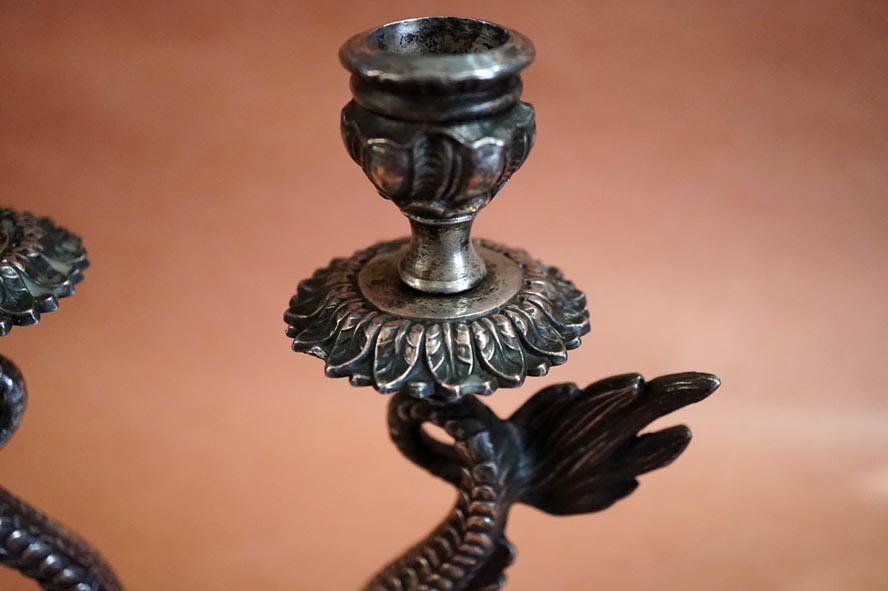 Antique Silver Plated Bronze Dolphin Candlesticks L.B. Smith Co.