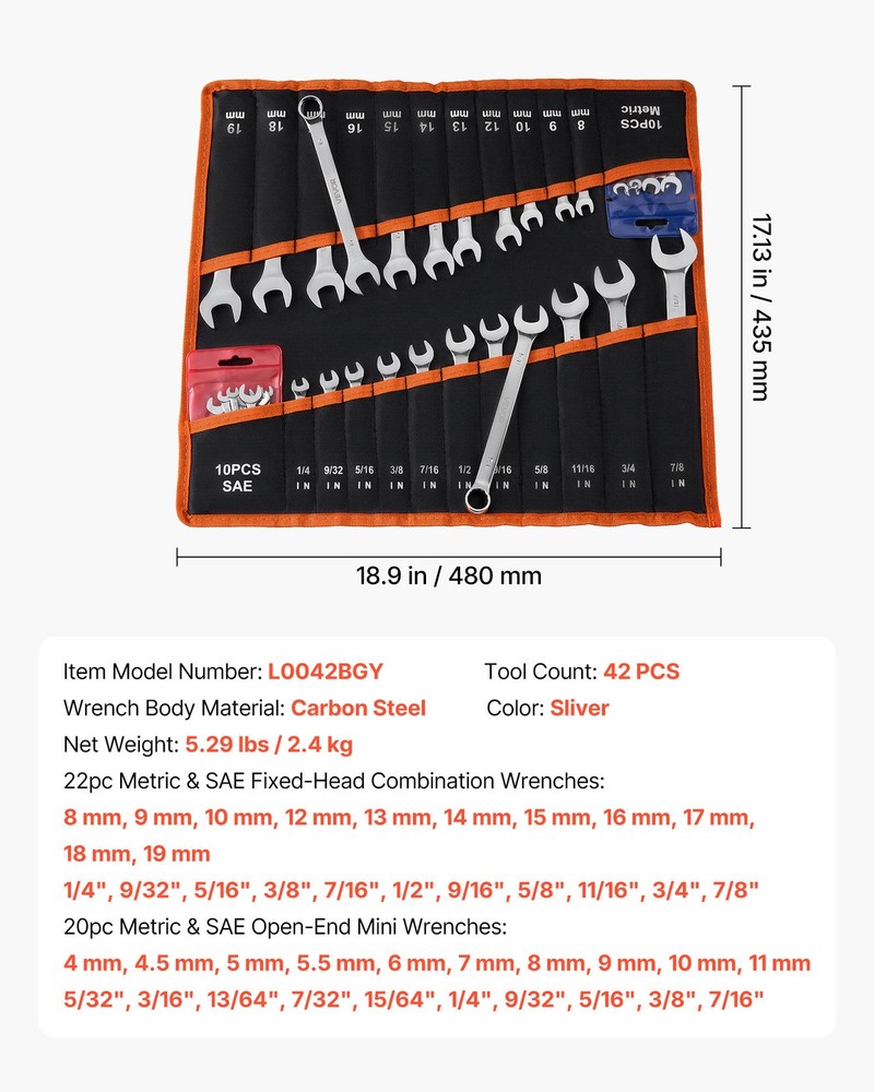 VEVOR Combination Wrench Set Box End Open End Combination Wrenches 42-Piece