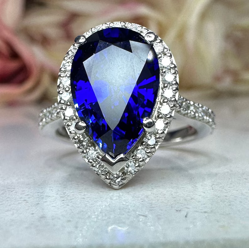 3.40 Ct Natural Sapphire & Diamond Engagement Ring 14K Solid White Gold