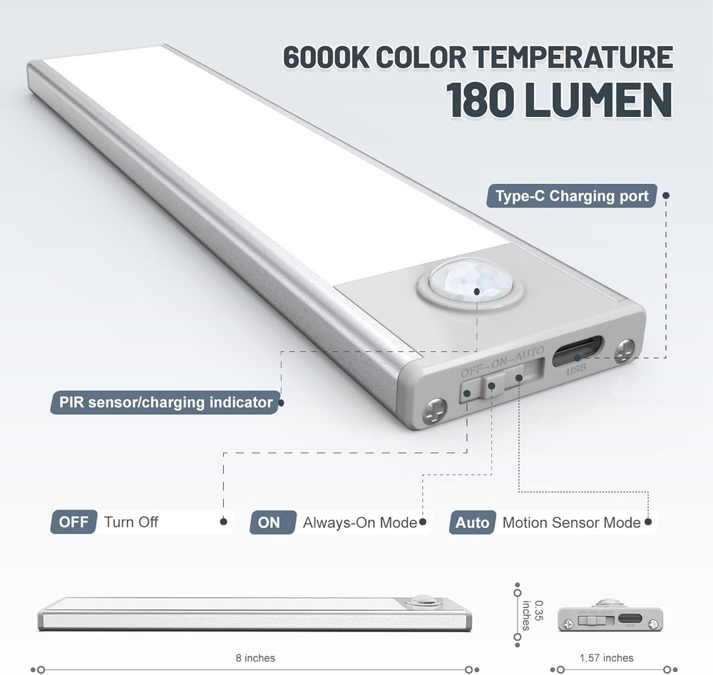 Rechargeable Motion Sensor Under Cabinet Lights, 6 Pack, 32 LED, Wireless