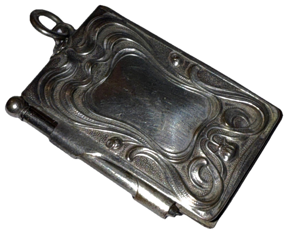 ANTIQUE VICTORIAN SILVER TONE REPOUSSÉ THISTLE CHATELAINE NOTE PAD PENCIL PAPER