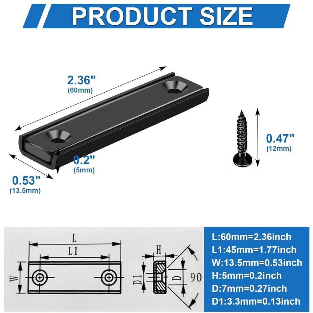 Neodymium Rectangular Black Pot Magnets, 60x13.5x5mm, 80lbs Pull Force, 6 PCK