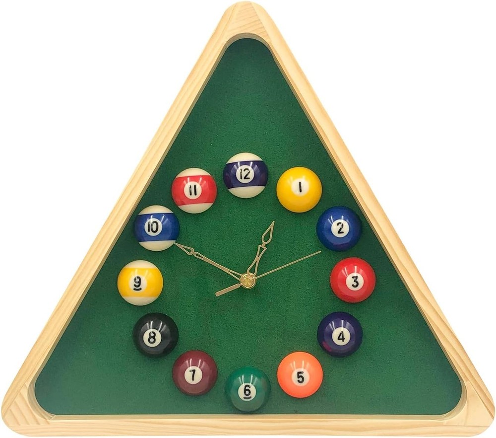Billiard Art Clock - 14-inch Solid Wood Triangle Clock for Game Room Decor