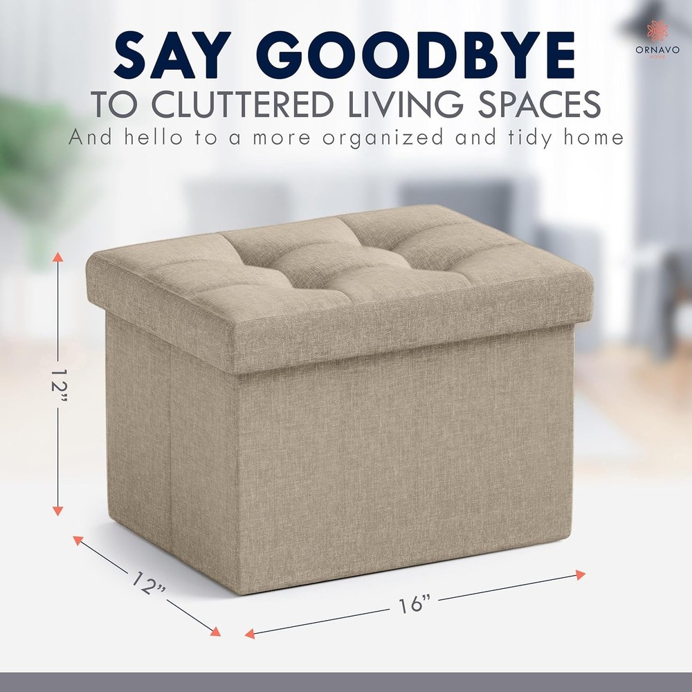 Small Storage Ottoman Foldable Collapsible Rectangle Linen Ottoman Foot Rest