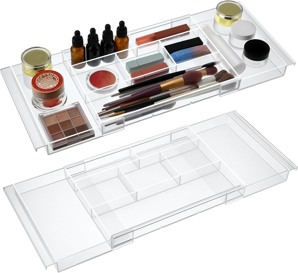 2Pack Shallow Expandable Drawer Organizer, Adjustable 12.5”–20” Clear Plastic Dr