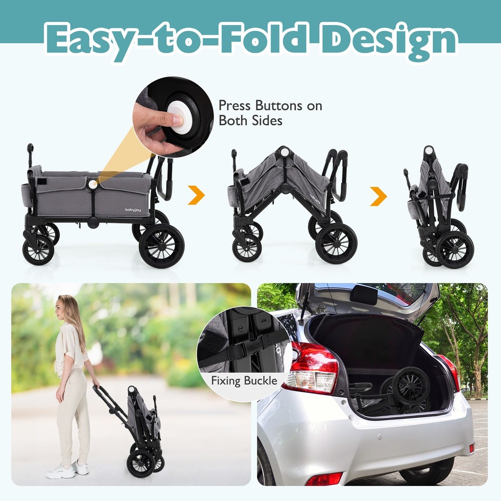 Wagon Stroller for 2 Kids Push Pull Double Stroller w/ Adjustable Handle