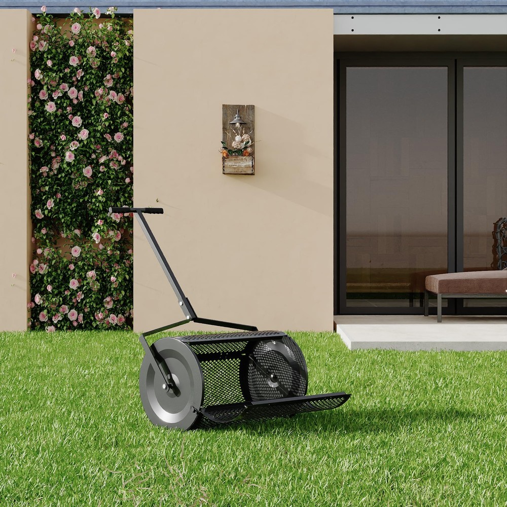 Lawn Spreader 24 Inch with Height-Adjustable Handle&Rolling Drum Quick-Open Door