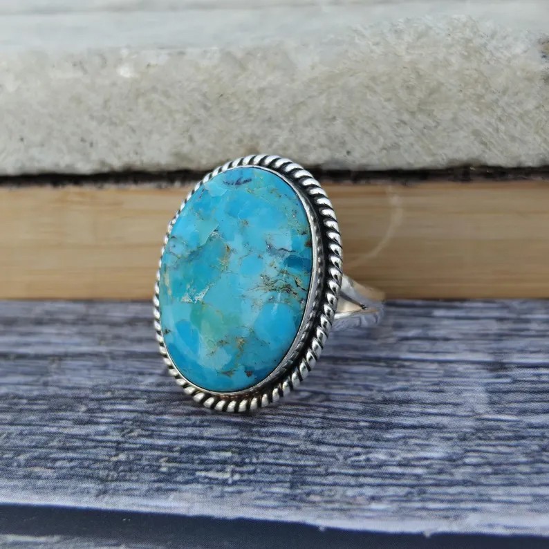 Solid 925 Sterling Silver Turquoise Large Oval Gemstone Boho Vintage Band Ring