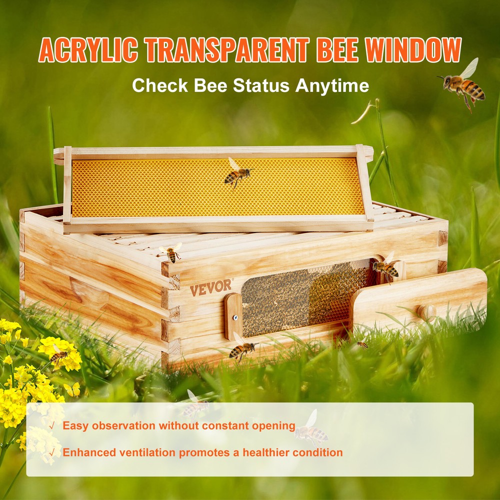 VEVOR Bee Hive Langstroth Medium Beehive Kit 10 Frames Acrylic Bee Windows