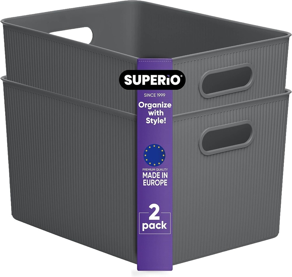 Superio 22L Large Ribbed Storage Bin- Plastic Storage Bin  (2 Pack, Grey)