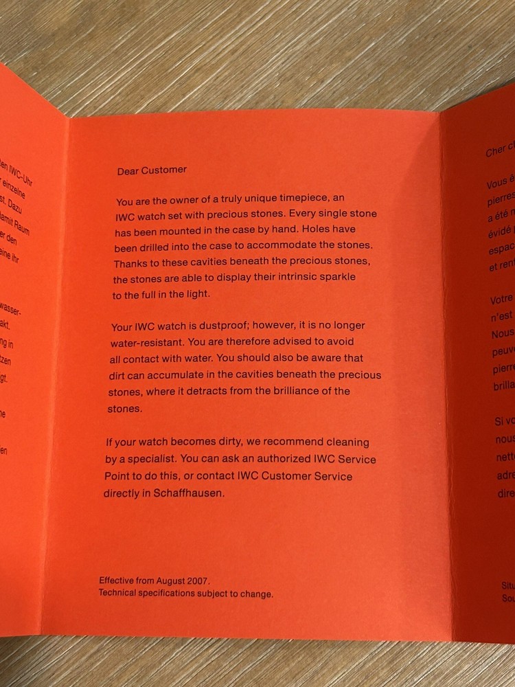 Authentic IWC Important Operating Instructions Note Regarding Dust and Water NOS