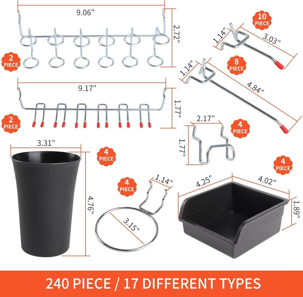 Durable Rust-Resistant Pegboard Hooks Set - 240 Count for Garage and Workshop