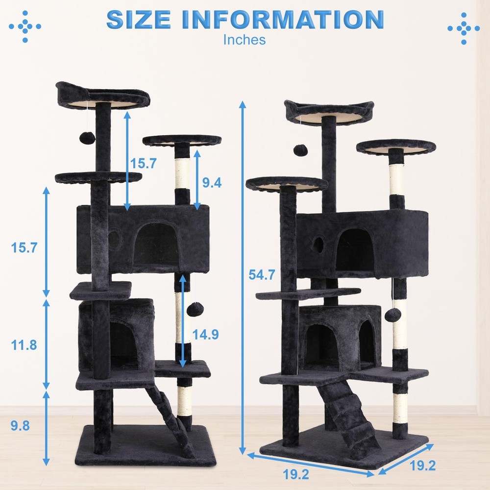 | 54" Cat Tree Tower | Dark Gray | Multi-Level Indoor Activity Center with Si...