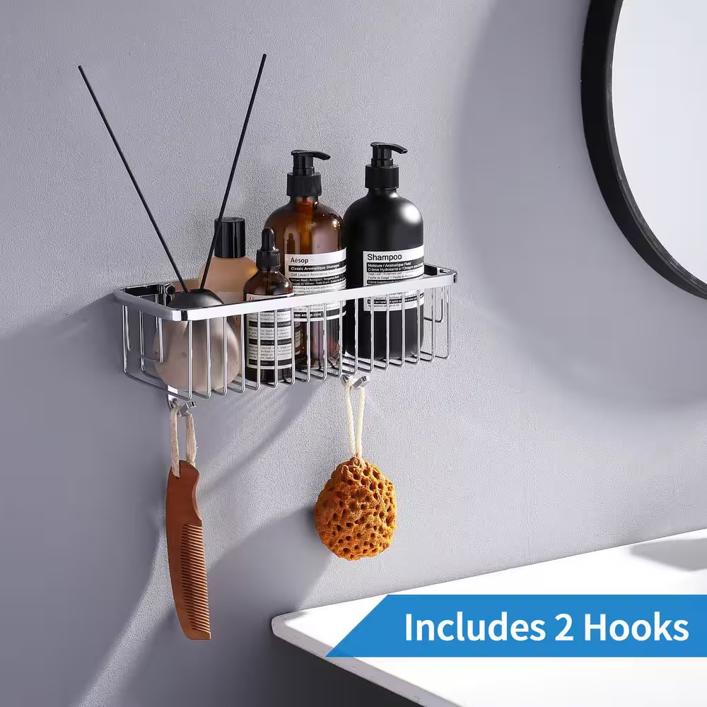 2 Pack Wall Mounted Rectangle Shower Caddy Shower Basket with 2 Detachable Hooks