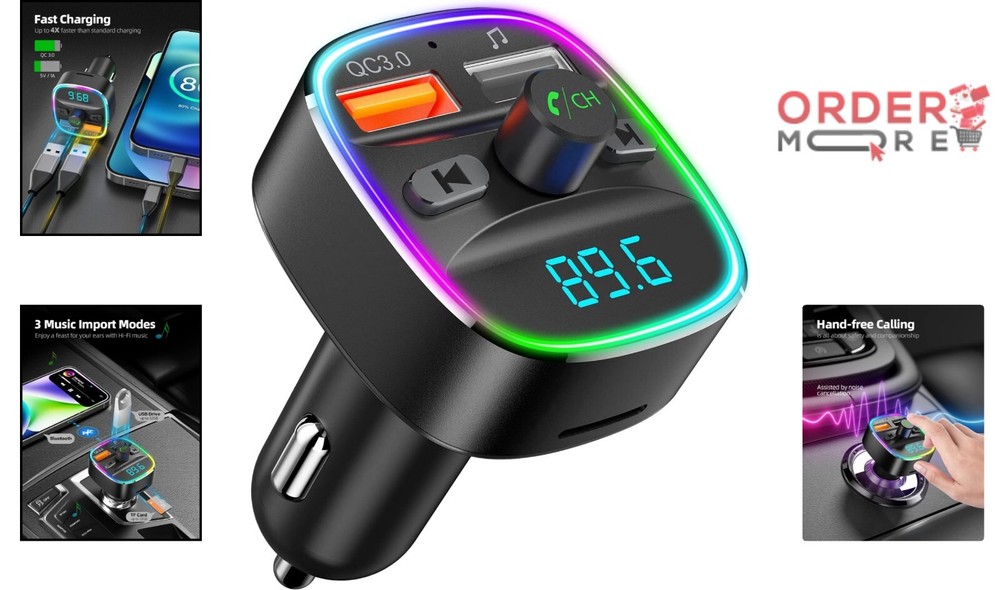 Bluetooth FM Transmitter Car Adapter Dual USB Charger Hands-Free Calling MP3 ...