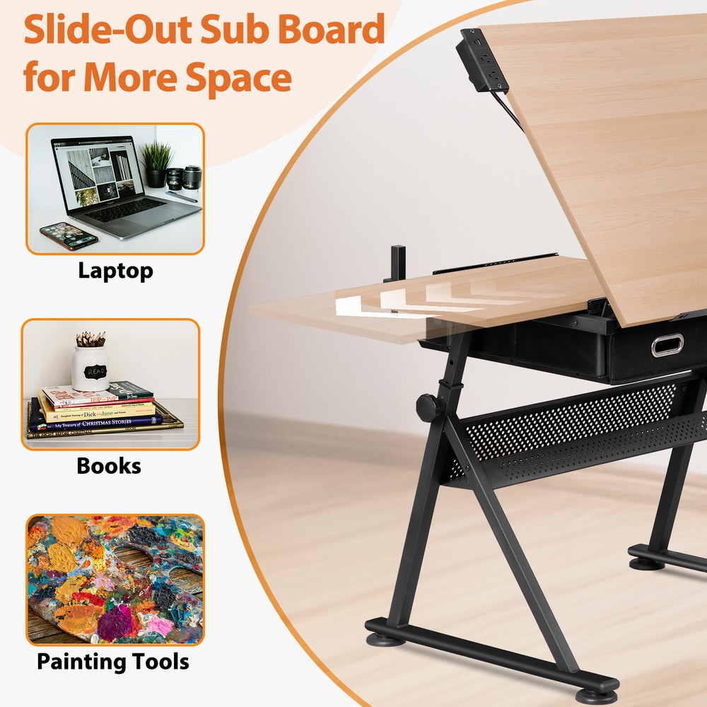 Adjustable Drafting Drawing Table Tiltable Tabletop w/ Stool & Outlet 3 Colors