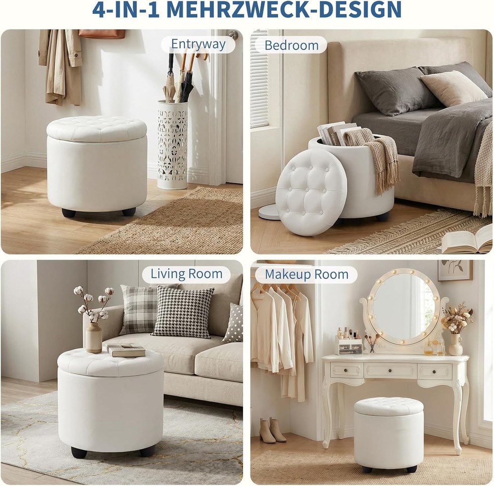 Upholstered Button Tufted Round Ottoman, PU Storage Ottoman Round,Lid Footstools