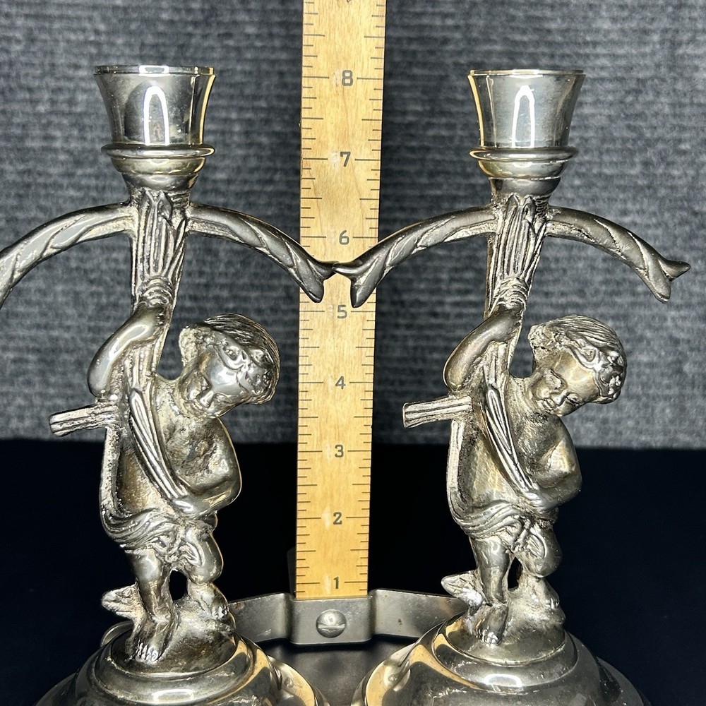 Vintage Silver Plated Cherub Candlestick Pair 8”