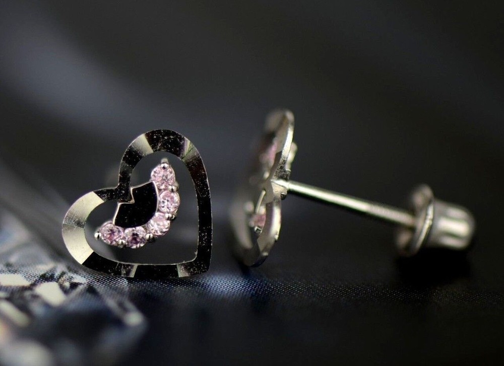 14k Solid Yellow or White Gold Heart Shape CZ Stud Earrings