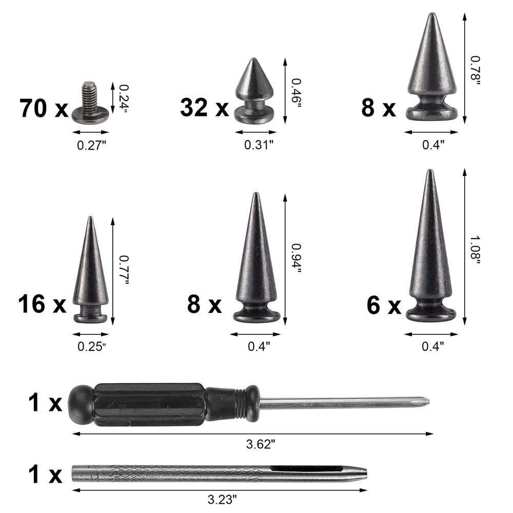 70 Sets Mixed Shape Spikes Assorted Sizes Screw Back Bullet Studs Clothing