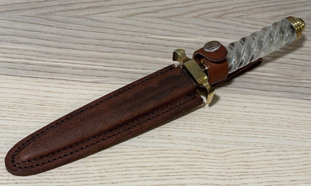 11” Boot Knife Ice Dagger Spear Tip Double Edge Brass Crystal Handle Leather