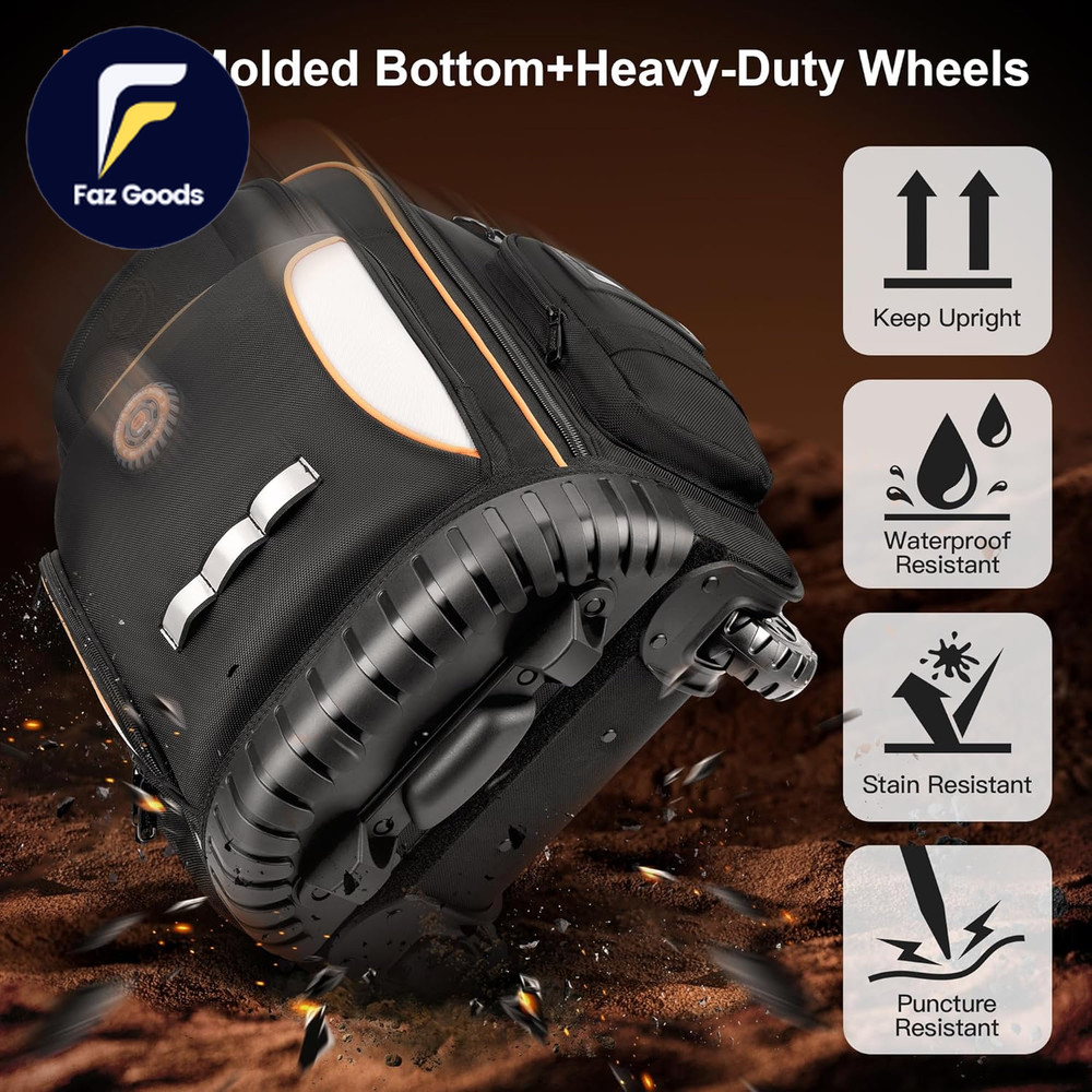 Backpack Tool Bag with Wheel Rolling Tool Backpack for Electrician Heavy Duty
