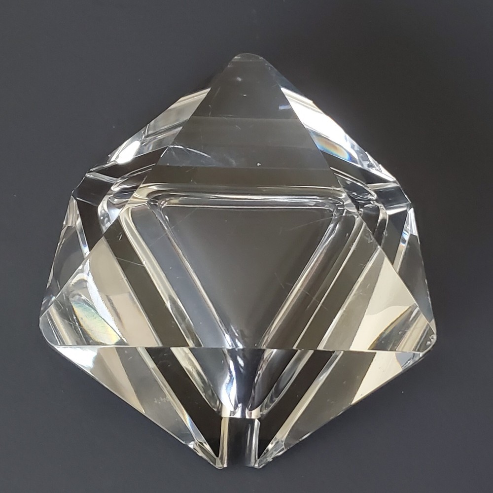 clear glass triangular cigarette ashtray 6" wide 1.5" tall few tiny chips