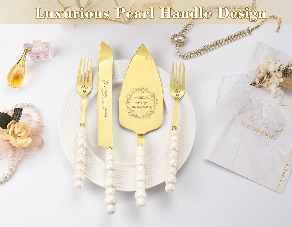 Wedding Cake Knife and Server Set, Gold Ceramic Pearl Handle Cake Cutting Set fo