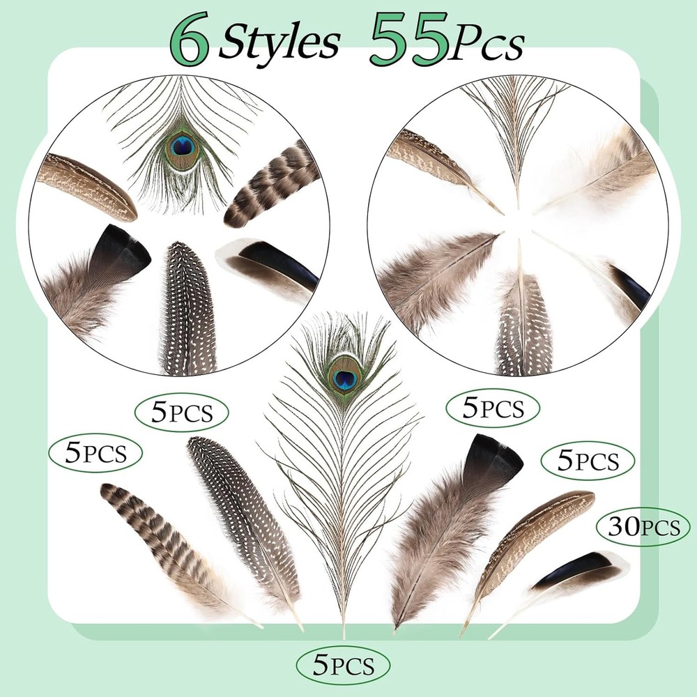 Natural Feathers Bulk - 55PCS - 6 Styles Assorted Feathers, 6