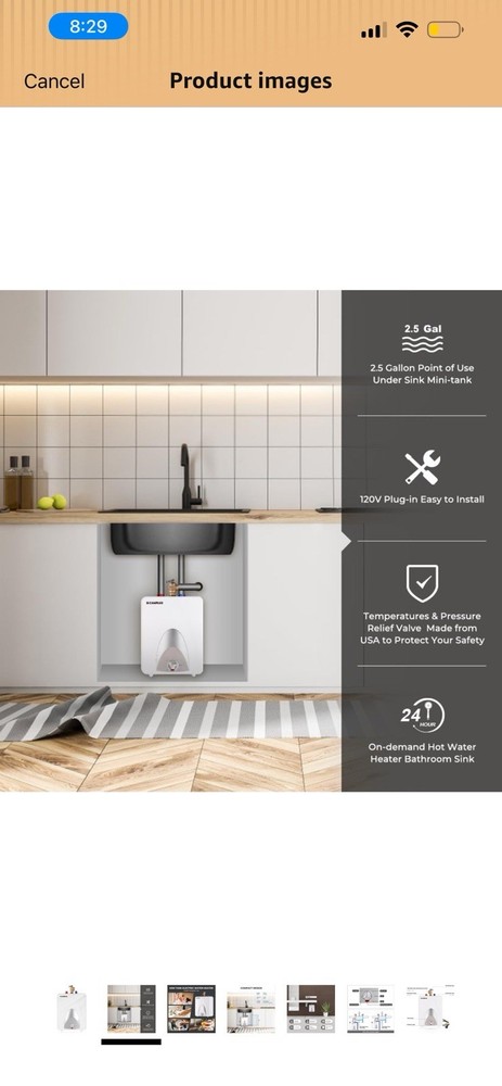 Camplux ME25B Mini Tank Electric Water Heater 2.5 Gallon Under Sink On-Demand