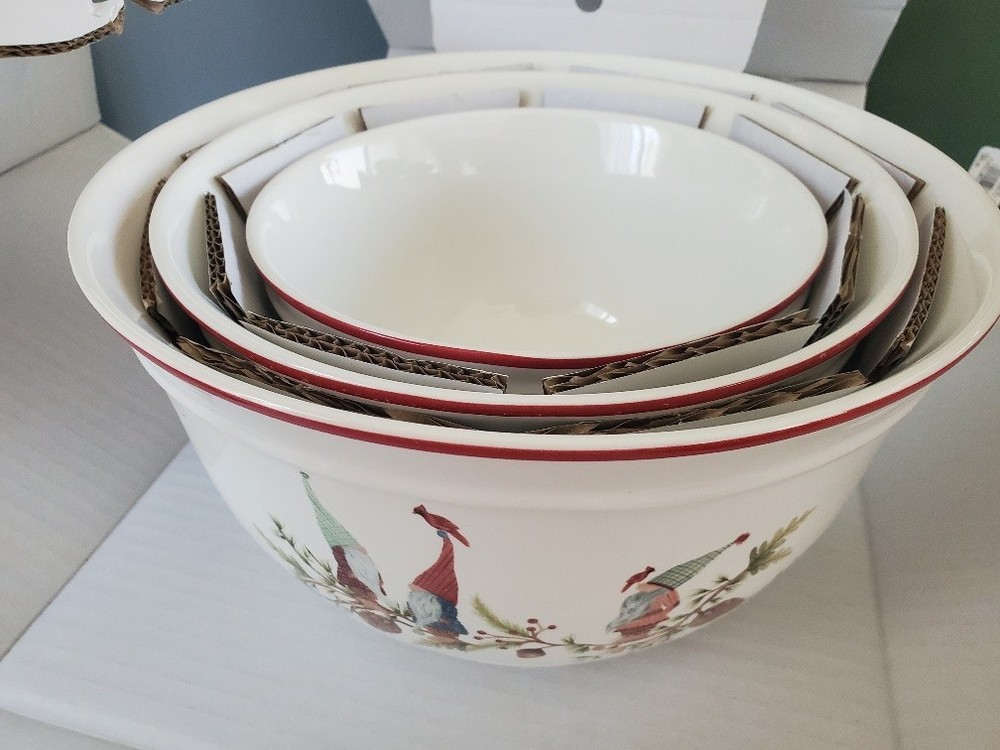 Pottery Barn Forest Gnome Three Mixing Bowls Nesting 3 pc Set with Original Box