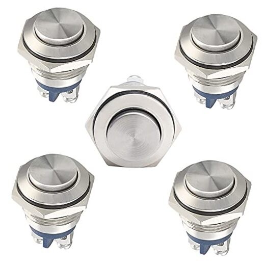 5pcs 16mm Momentary Push Button Switch Sliver Shell, IP65 16mm Silver Shell