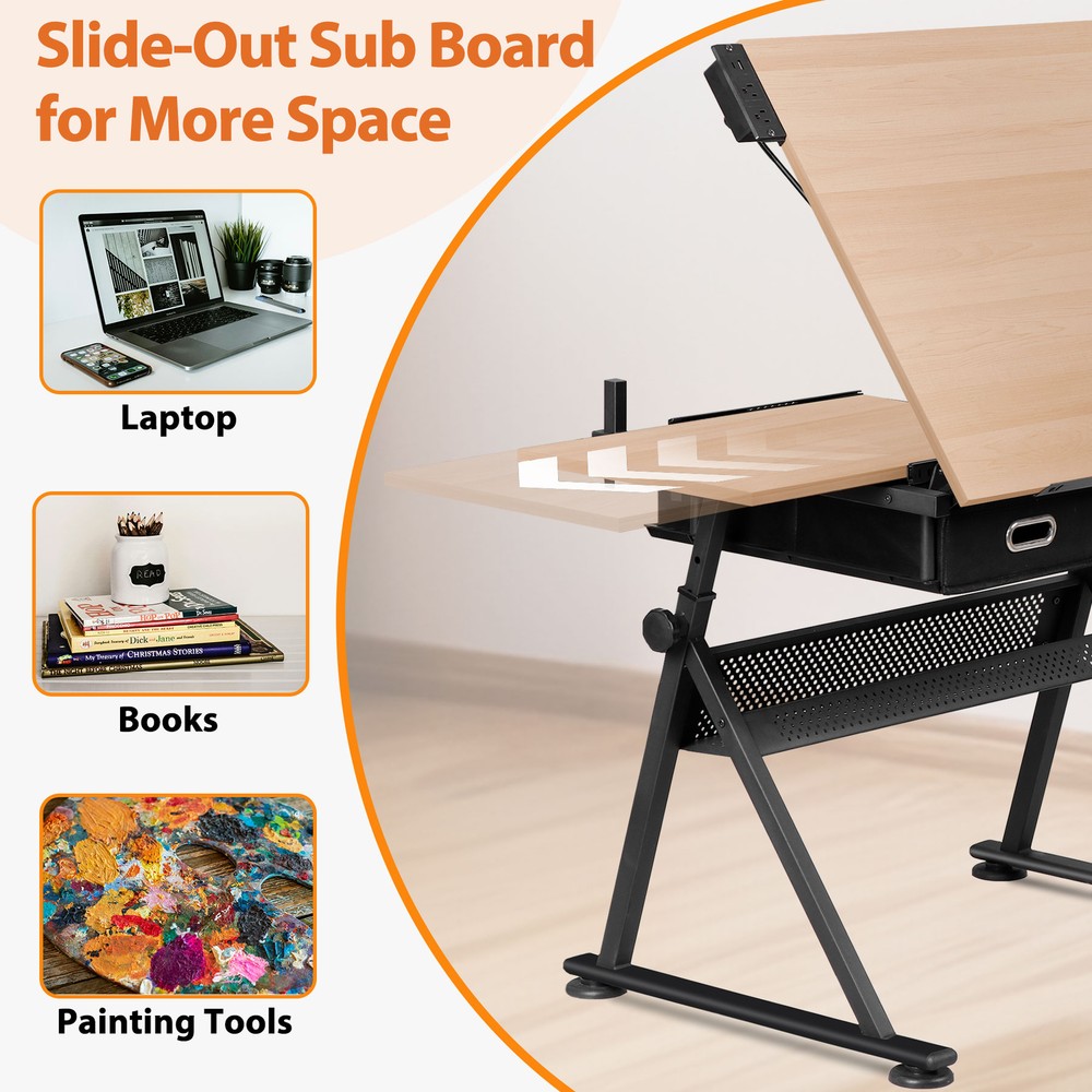 Drafting Table and Stool Set with Outlet Adjustable Artist Drawing Table Natural