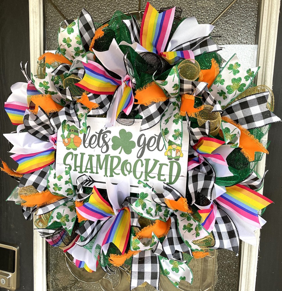 Rainbow Gnome Shamrock St. Patricks Day Deco Mesh Front Door Wreath Home Decor