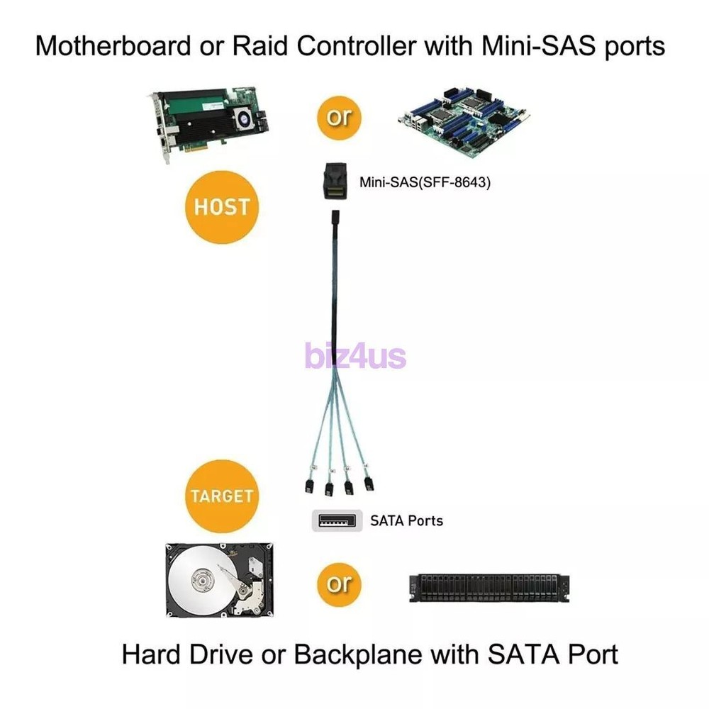 Mini SAS SFF-8643 to 4 SATA 7pin Hard Disk 6Gbps Data Server RAID Blue Cable 1M