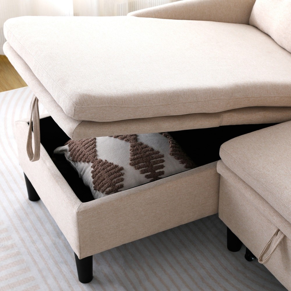 Modern L-Shaped Cotton-Linen Sectional Sleeper Sofa w/ Pull Out Bed & Storage