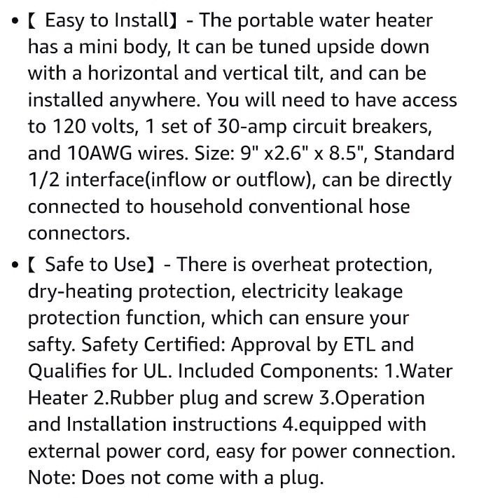 New Wintemp Tankless Electric Water Heater Model KFU135 0.26 GPM 30A