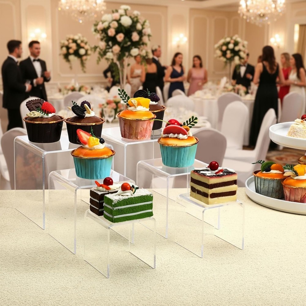 6 Pcs Clear Acrylic Risers Display Stands 0.2" Thick 2 Sets Square 3-Tier Ris...