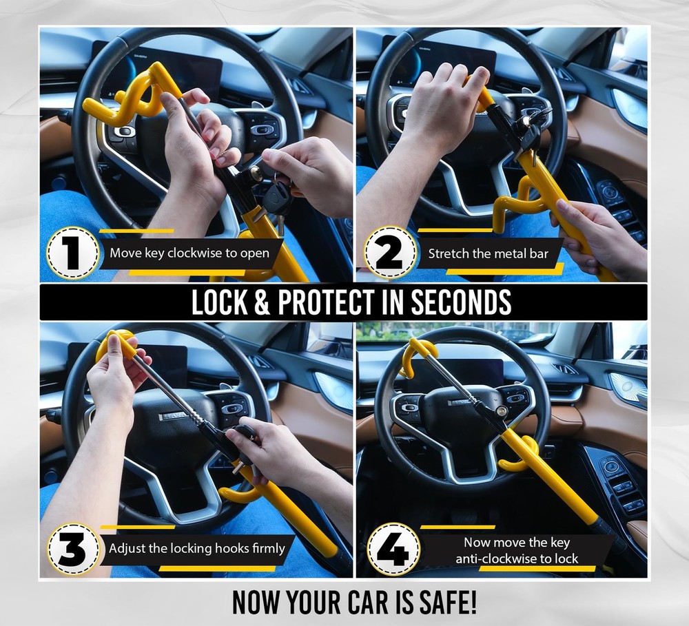 Ultra Secure Car Steering Wheel Lock, No Scratch Dual Locking Hooks, Black