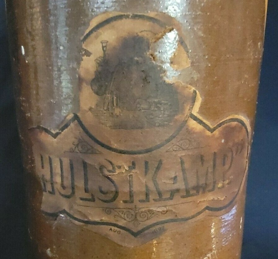 ANTIQUE ~ Hulstkamp Brown Gin Stoneware Bottle - Circa 1897