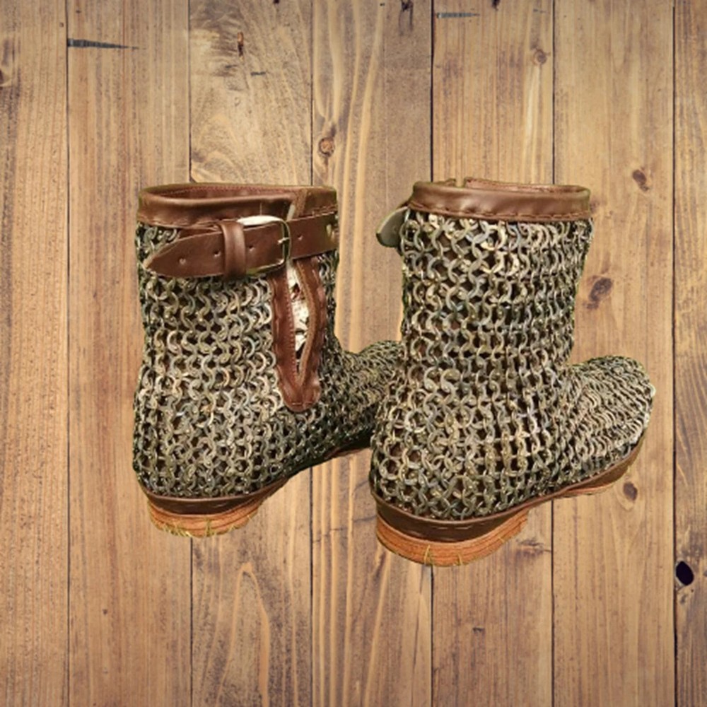 9mm Chainmail Leather Shoes | Flat Ring Dome Riveted Medieval Boots