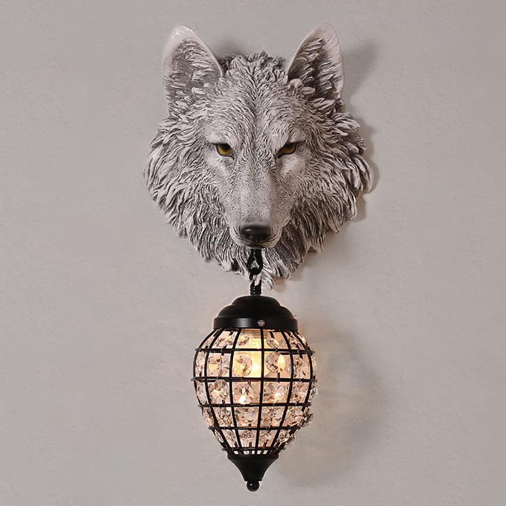 Rustic Wolf Wall Sconce with Crystal Shade - Farmhouse Decorative Light