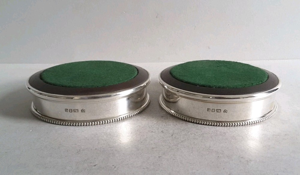 GOOD , PAIR VINTAGE SOLID SILVER COASTERS . 12 . 5 cms. dia. LON. 1973