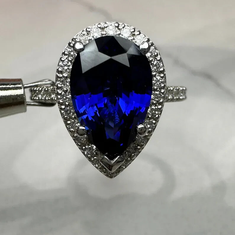 3.40 Ct Natural Sapphire & Diamond Engagement Ring 14K Solid White Gold