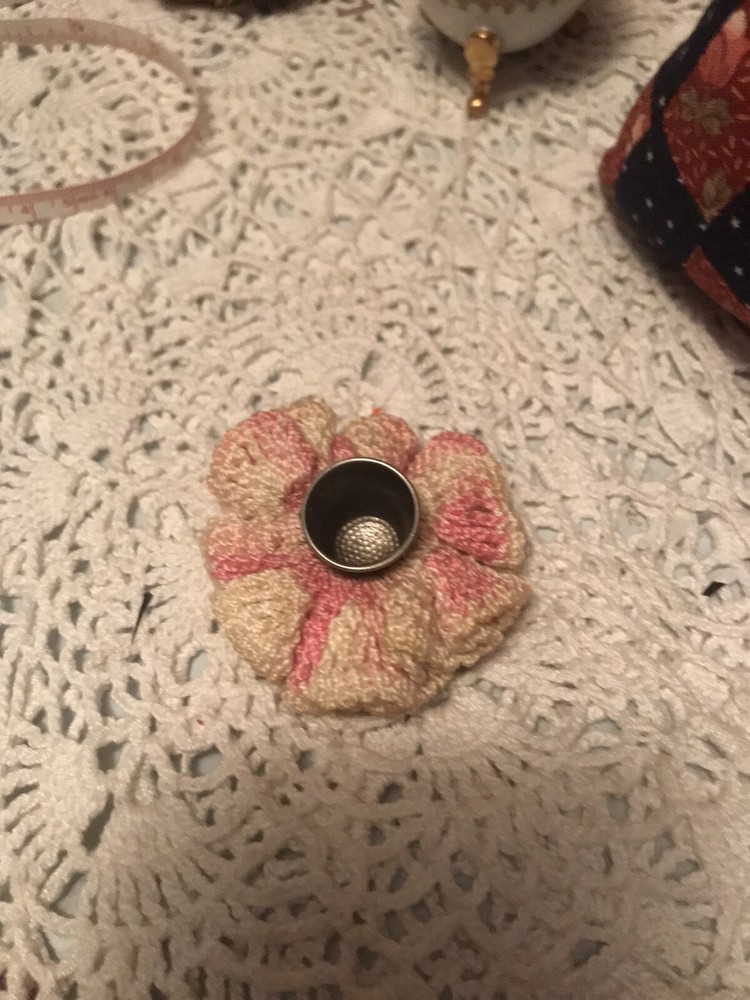 vintage patchwork pin cushion with crocheted Thimble cover & Thimble