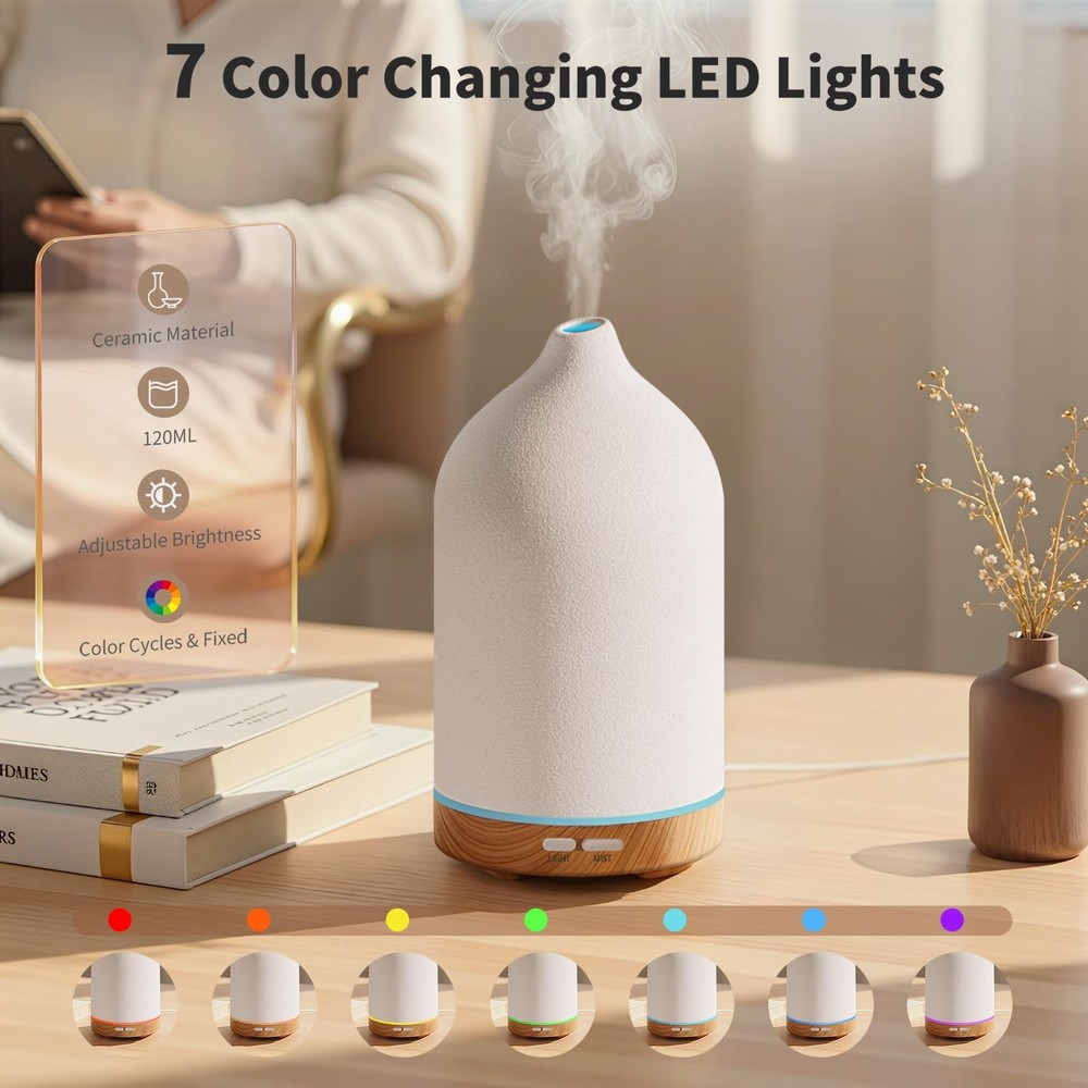 URPOWER 120ML Ceramic Essential Oil Diffuser, 120mL/Medium, White