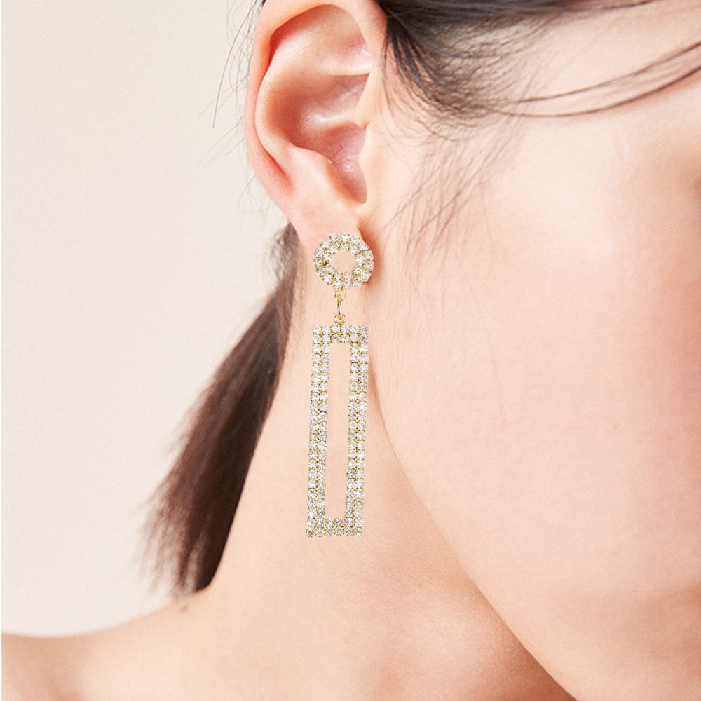 Rhinestone Long Drop Earrings Statement Rectangle Dangle with Circle Studs Fa...