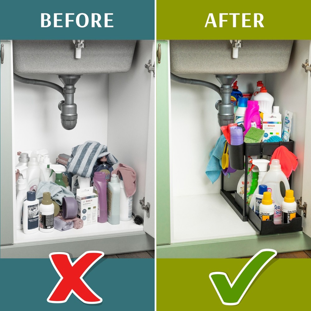 Under Sink Organizer 2 Tier Kitchen Rack Storage Shelf w/ Sliding Cabinet Drawer