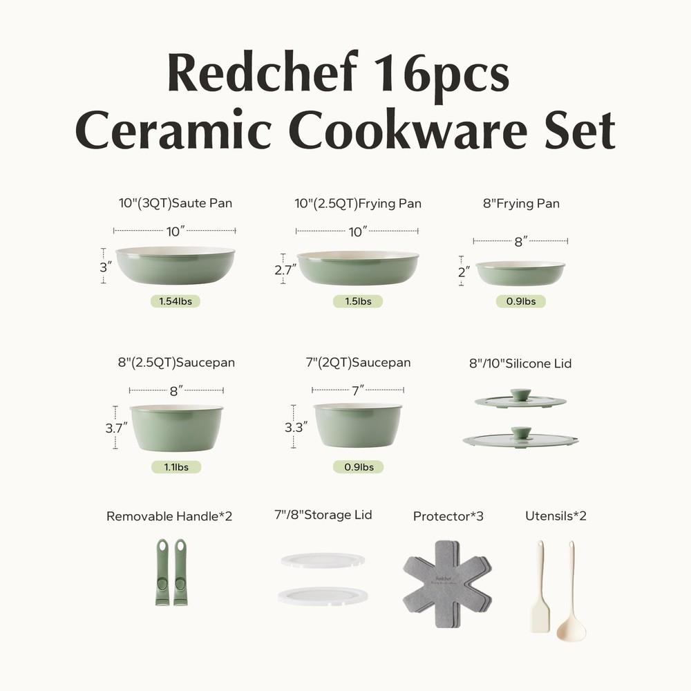 Redchef 16pcs Ceramic Pots and Pans Set Non Stick, Nonstick Ceramic Cookware ...
