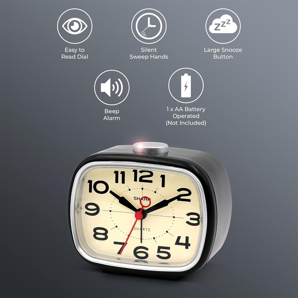 Sharp Battery Powered Alarm Clock, Retro Operated Clock White